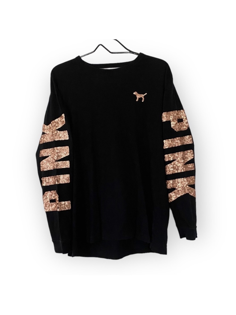 PINK Victorias Secret Bling Black Campus T Shirt Rose Gold Sequins Open Back